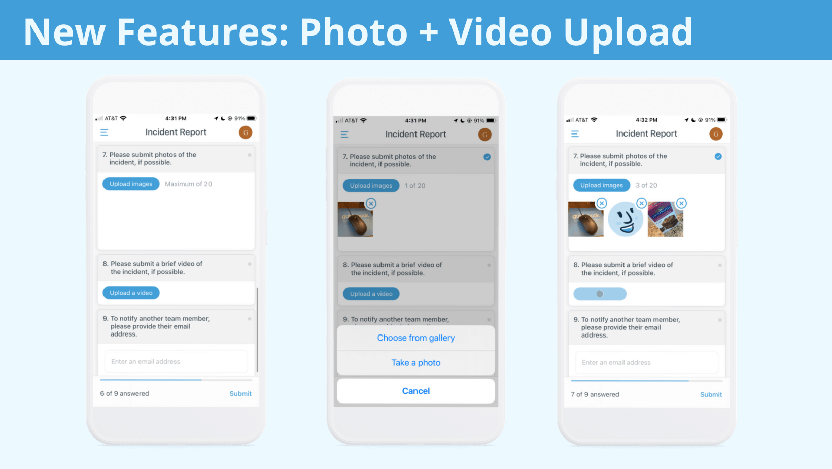 in-app surveys photo and video upload